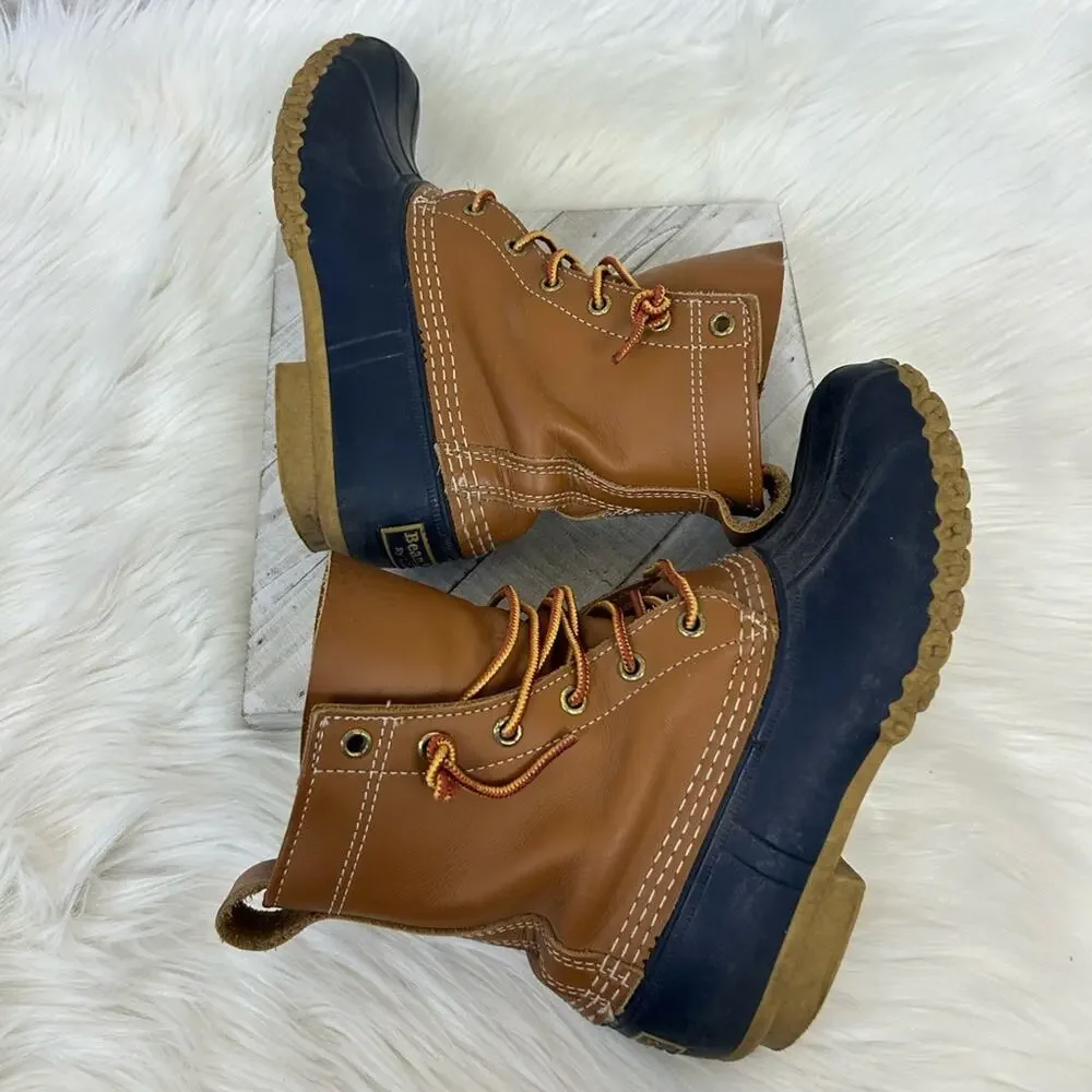 L.L.Bean Women’s 8” Unlined Bean Boots in Tan/Bright Navy/Gum Size 7N